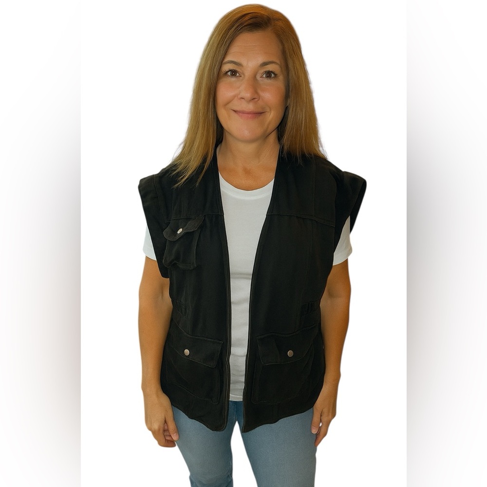 Umgee‎ Woman's Black Jean Cargo Utility Vest Size Large